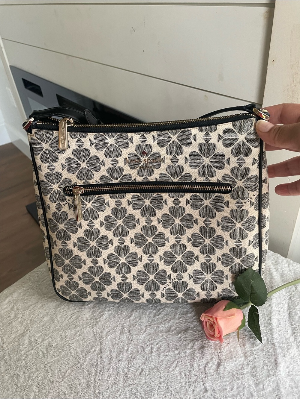 Floral Print Crossbody Bag in Beige and Black